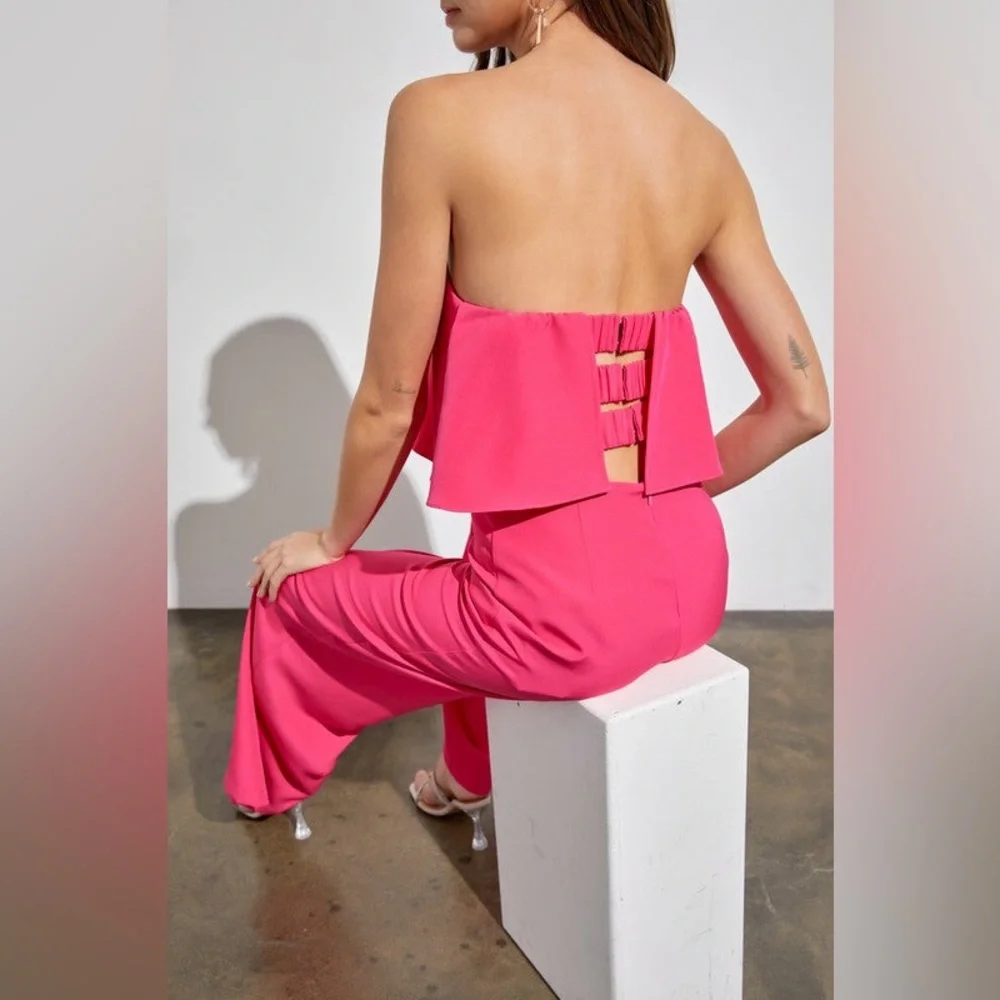 Strapless Ruffle Wide-Leg Jumpsuit - Hot Pink - Picture 4 of 5